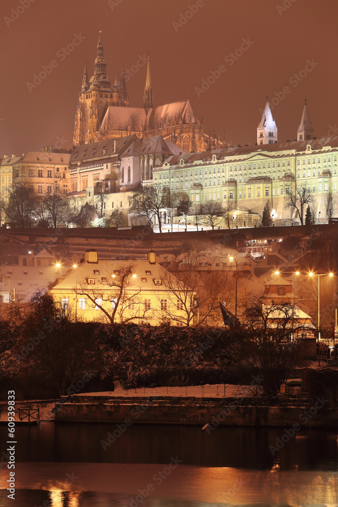 Night romantic snowy Prague gothic Castle, Czech republic