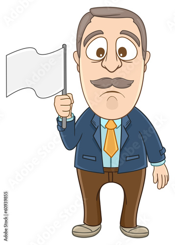 Businessman gives up and holding white flag on his hand