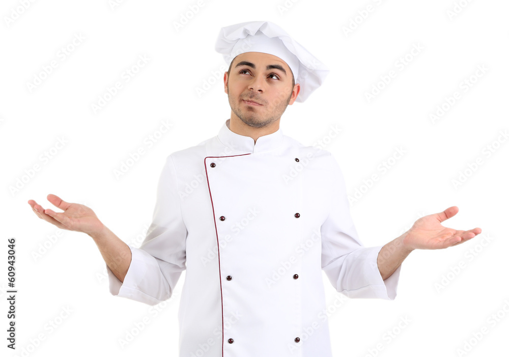 Professional chef in white uniform and hat, isolated on white Professional chef in white uniform and hat, isolated on white