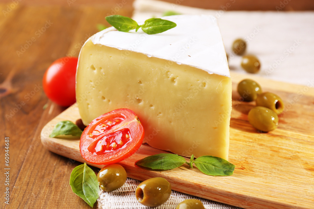 Tasty Camembert cheese with tomatoes, olives and basil, Tasty Camembert cheese with tomatoes, olives and basil,