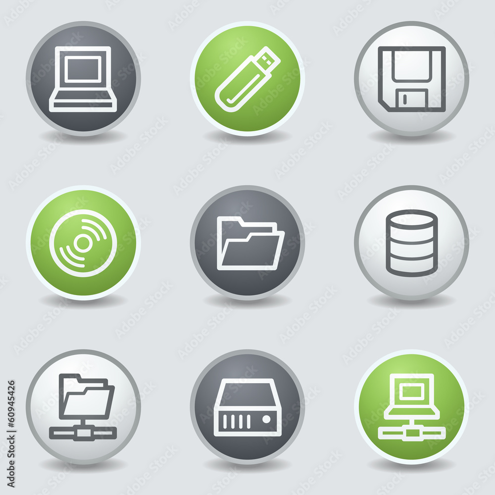 Drives and storage web icons, circle buttons Drives and storage web icons, circle buttons