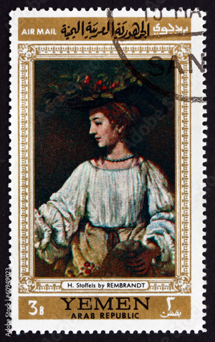 Postage stamp Yemen 1968 Portrait of Hendrickje Stoffels, by Rem