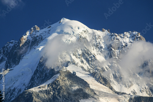 Panoramic view of Mont Blanc Massif. Bossons Glacier in the Fren