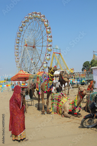 woman camels and ferris wheels at Pushkar camel fair photo