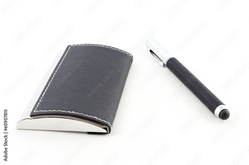 Visit card holder and pen isolated on white background Visit card holder and pen isolated on white background