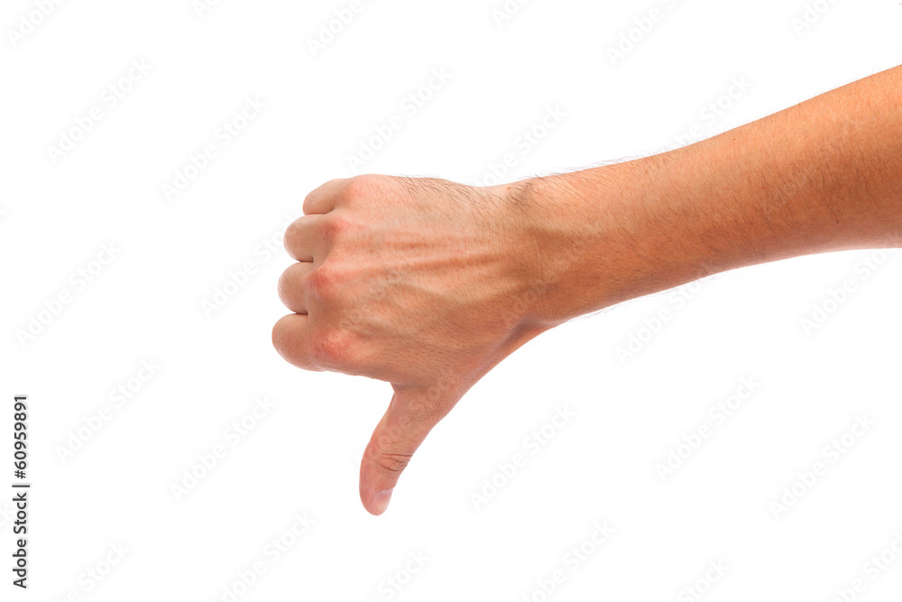Thumb down male hand sign isolated on white