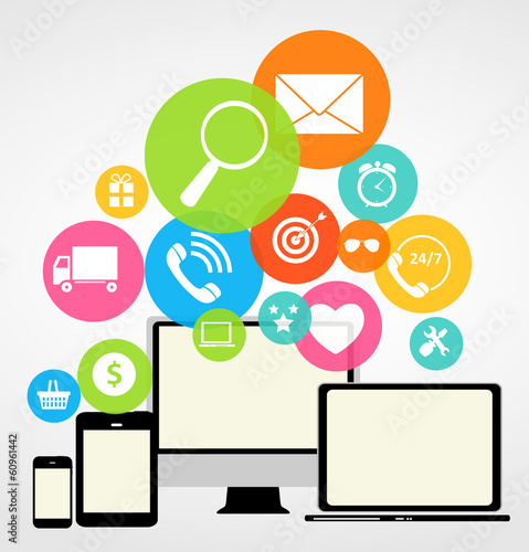Business Internet on Different Electronic Devices Concept. Vect