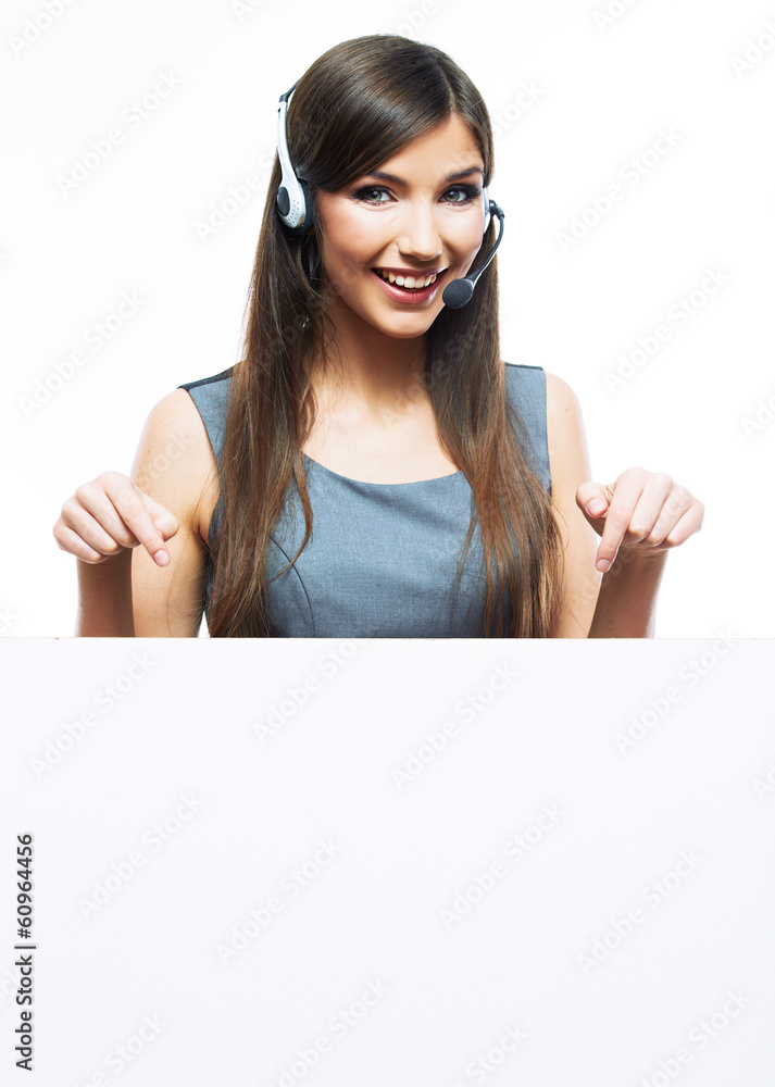 Woman customer service worker with big blank board Woman customer service worker with big blank board