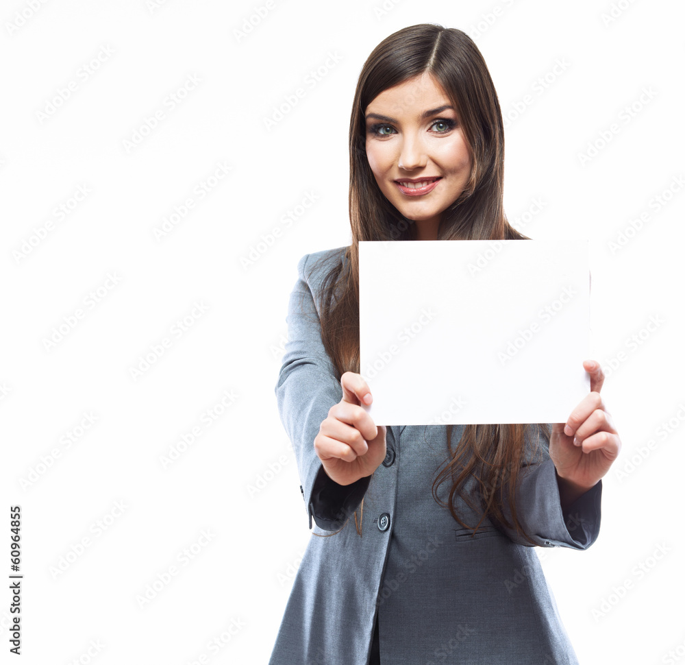 Tooth smile business woman hold banner, white background portr Tooth smile business woman hold banner, white background portr