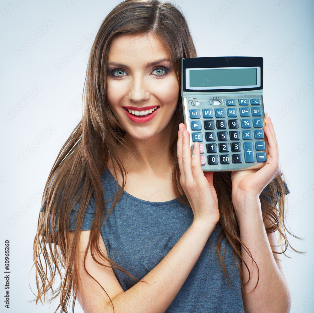 Isolated woman hold count machine. Isolated female portrait. Isolated woman hold count machine. Isolated female portrait.