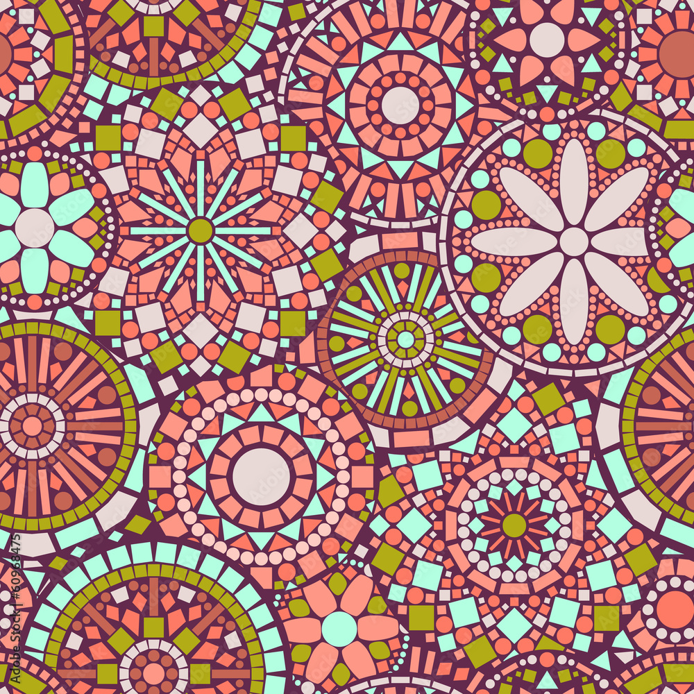 Colorful circle flower mandalas seamless pattern in pink, green