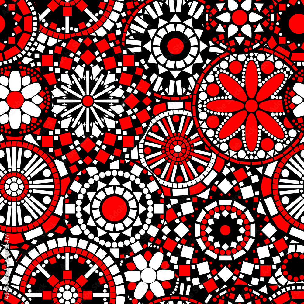 Circle flower mandalas seamless pattern in black white red Circle flower mandalas seamless pattern in black white red