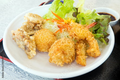Set of japanese food (tempura, tonkatsu, karake and miso soup)