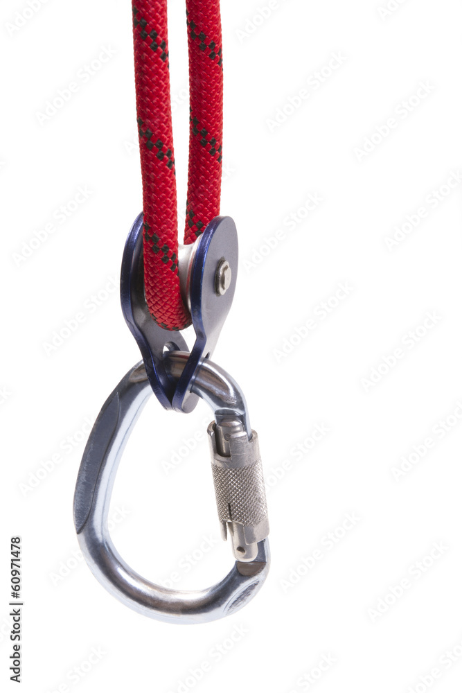 Climbing equipment - pulley, rope, carabiner Climbing equipment - pulley, rope, carabiner