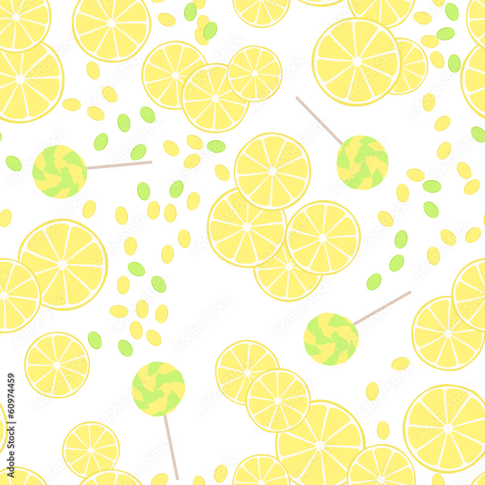 Seamless pattern of yellow lemon slices and candy lollipops