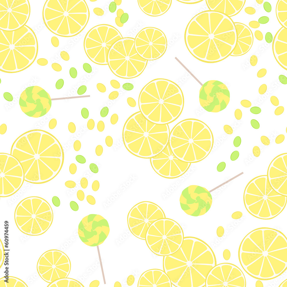 Seamless pattern of yellow lemon slices and candy lollipops Seamless pattern of yellow lemon slices and candy lollipops