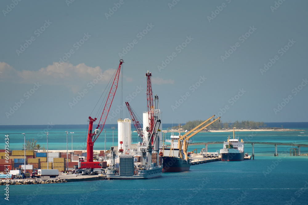 Industrial port with ships in Nassau Bahamas