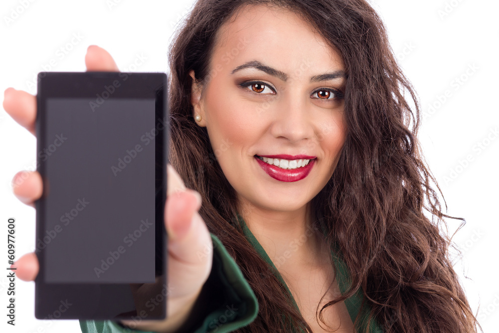 Beautiful young girl showing her smart phone screen against Beautiful young girl showing her smart phone screen against