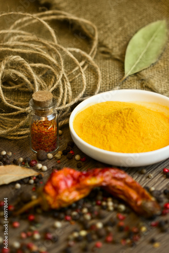 Turmeric in saucer with spices and paprika