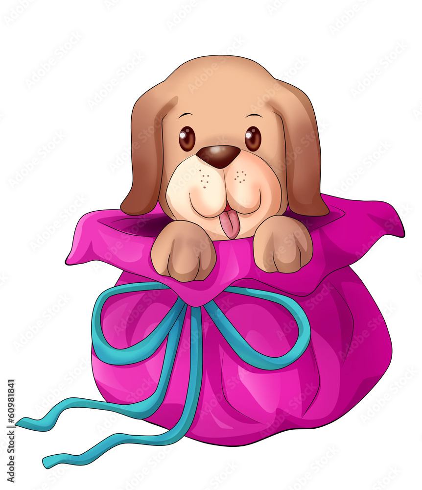 Obraz premium Cartoon illustration of a puppy pop up from gift wrap