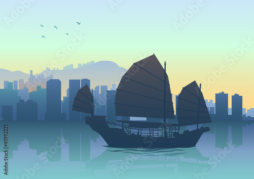 Silhouette illustration of Junk boat in Hong Kong