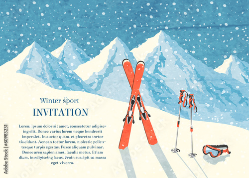 Ski winter mountain landscape card