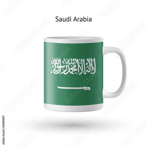 Saudi Arabia flag souvenir mug on white background.
