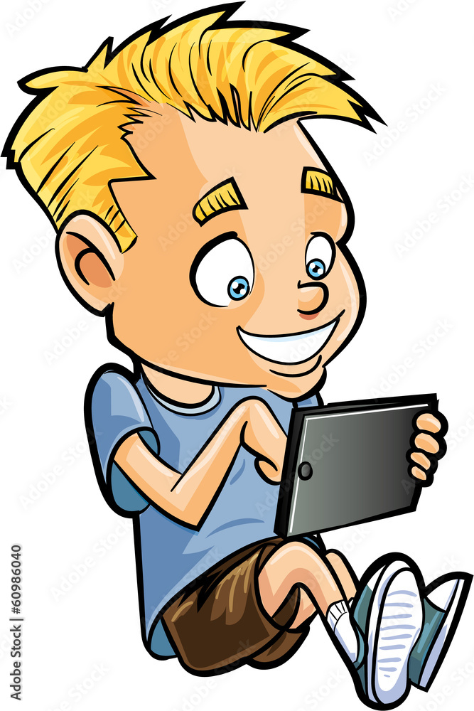 Cartoon of little boy using a computer tablet Cartoon of little boy using a computer tablet