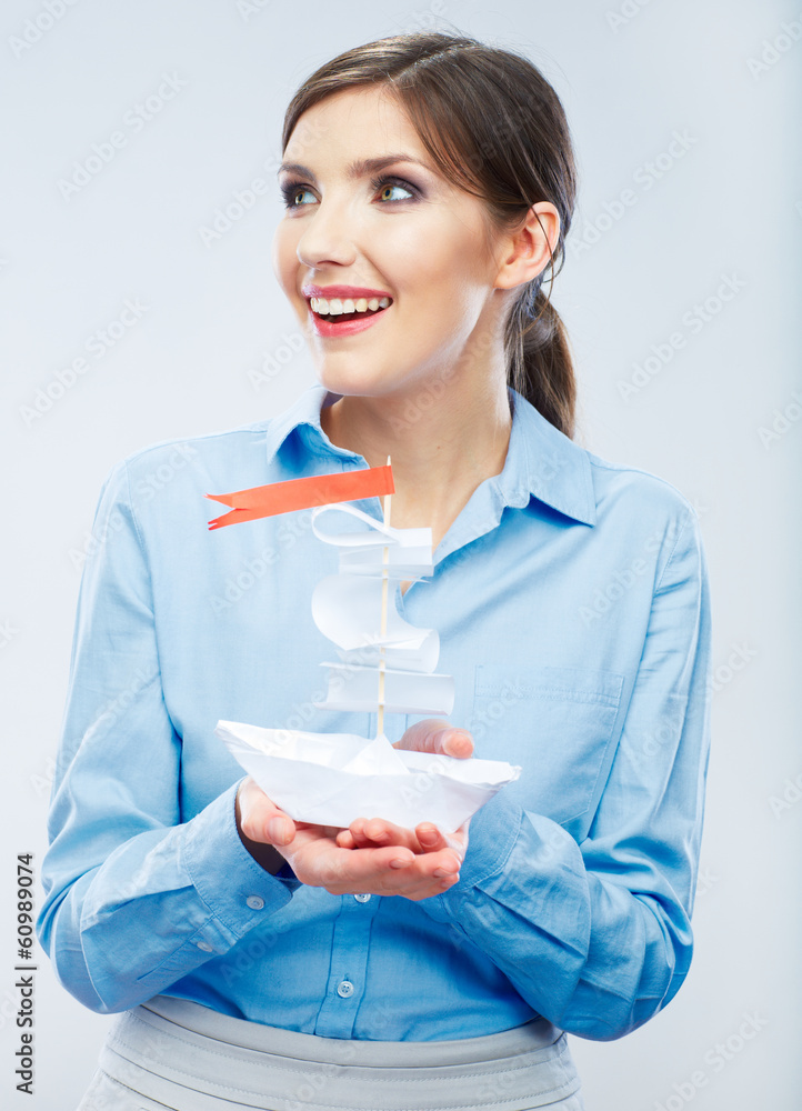 Business concept. Business woman hold paper ship. Business concept. Business woman hold paper ship.