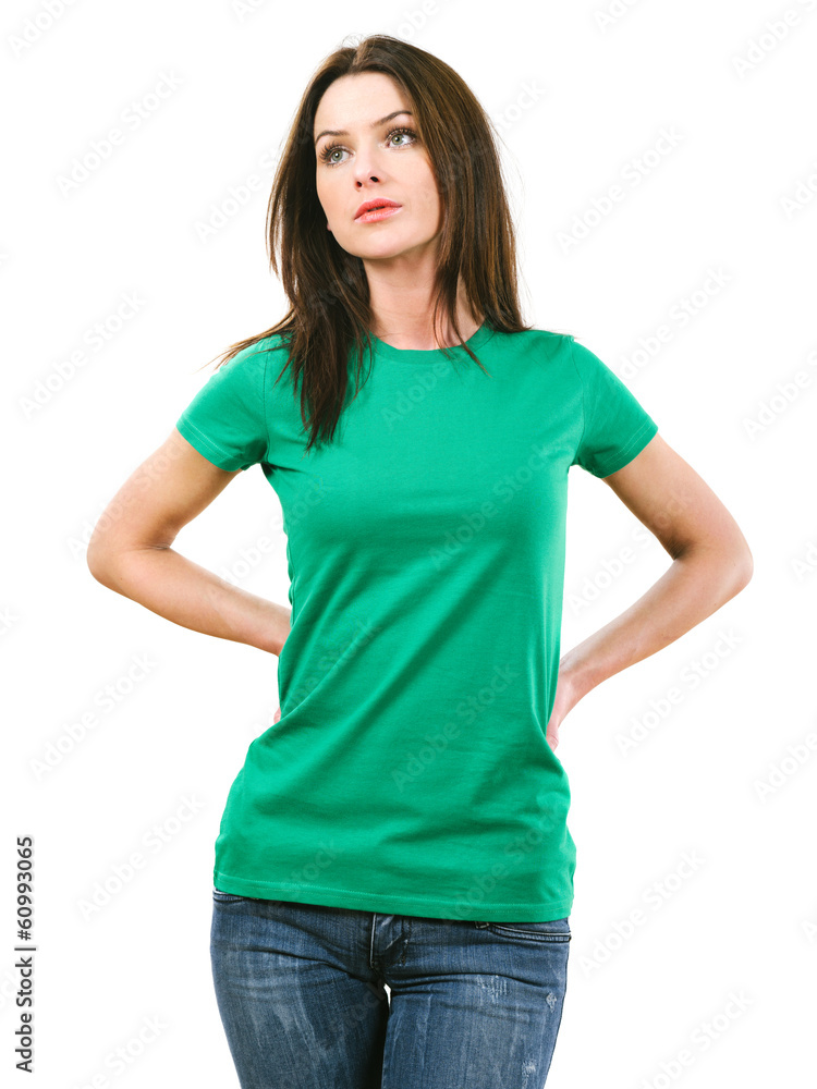 Woman with blank green shirt Woman with blank green shirt