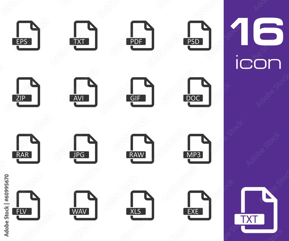Vector black file format icons set Vector black file format icons set