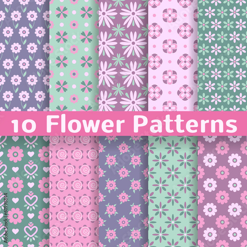 Romantic flower different vector seamless patterns (tiling)