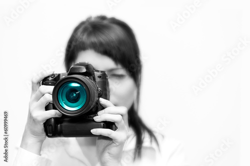 Woman photographer with camera photo