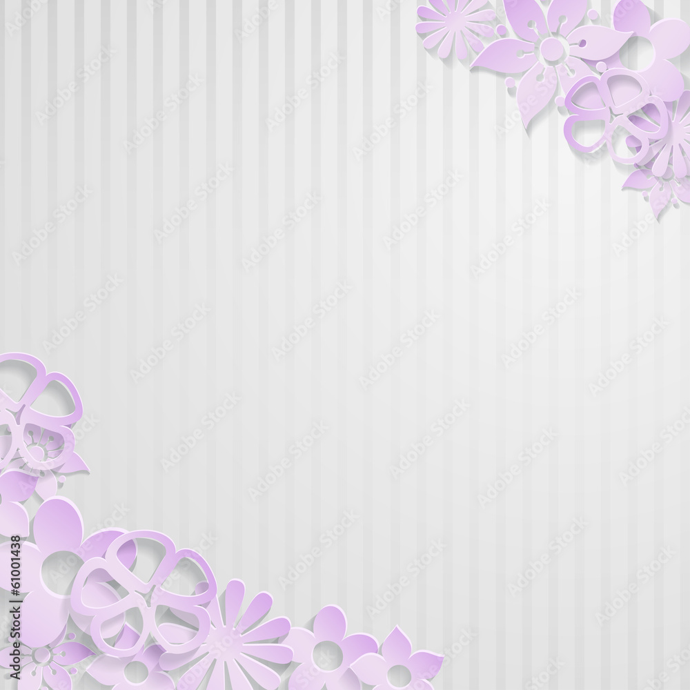 Background with paper flowers, violet on white stripes