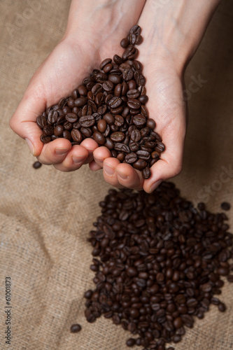 Palms with coffee grains.