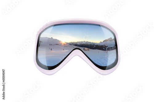 ski goggles with reflection of mountains