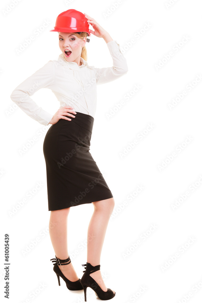 Female engineer woman architect in red safety helmet isolated Female engineer woman architect in red safety helmet isolated