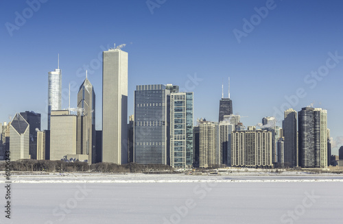 Downtown Chicago winter view with frozen lake