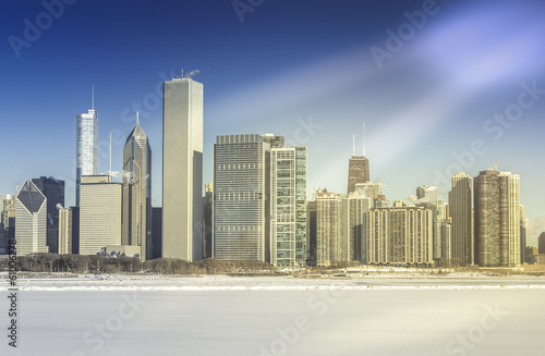 Downtown Chicago in winter with frozen lake