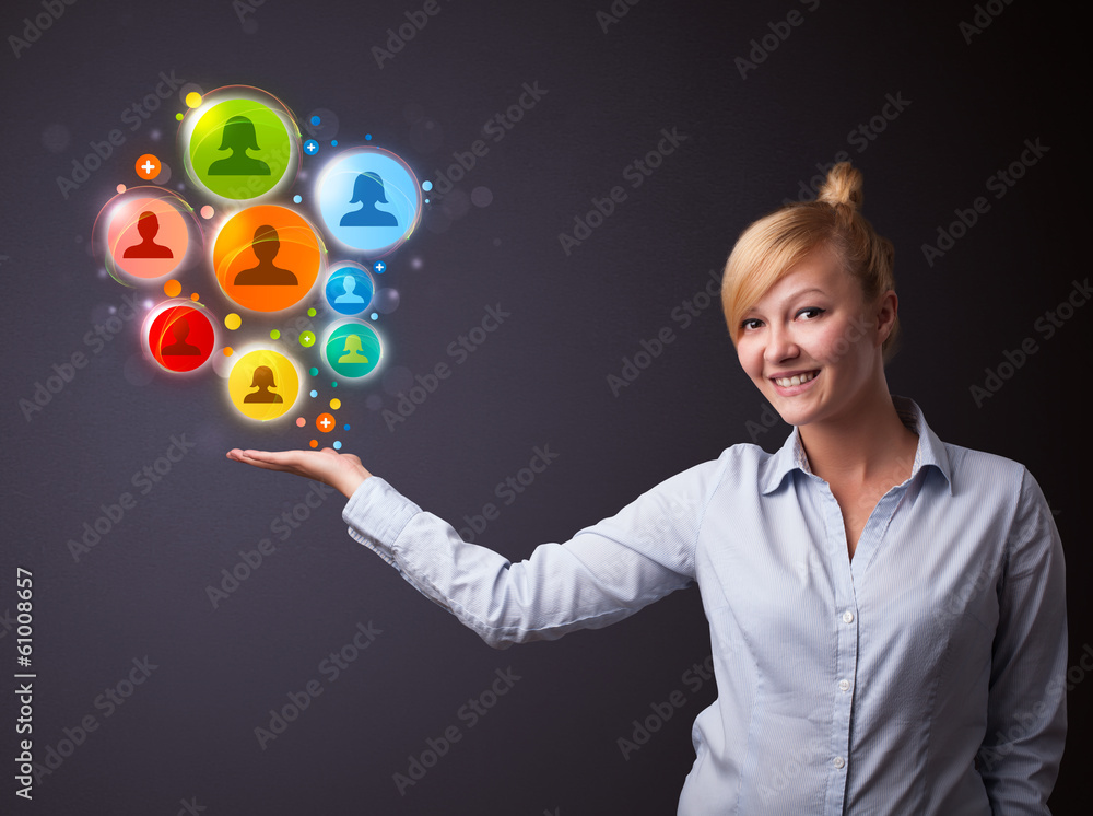 Social network icons in the hand of a businesswoman Social network icons in the hand of a businesswoman