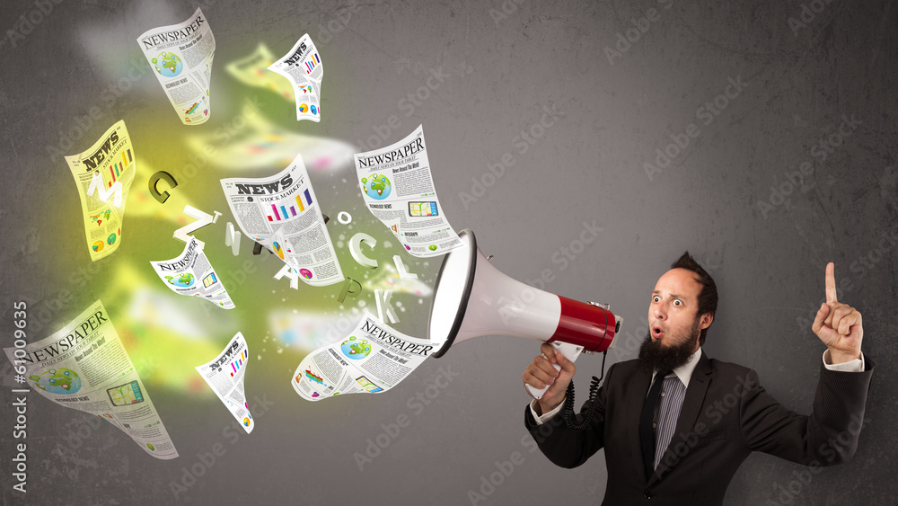 Guy yelling into loudspeaker and newspapers fly out Guy yelling into loudspeaker and newspapers fly out