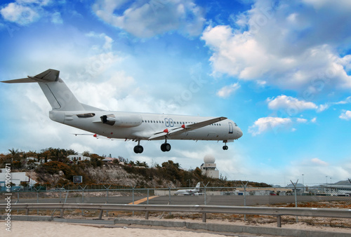 Airplane landing in St. Maarten Island, Dutch Antilles