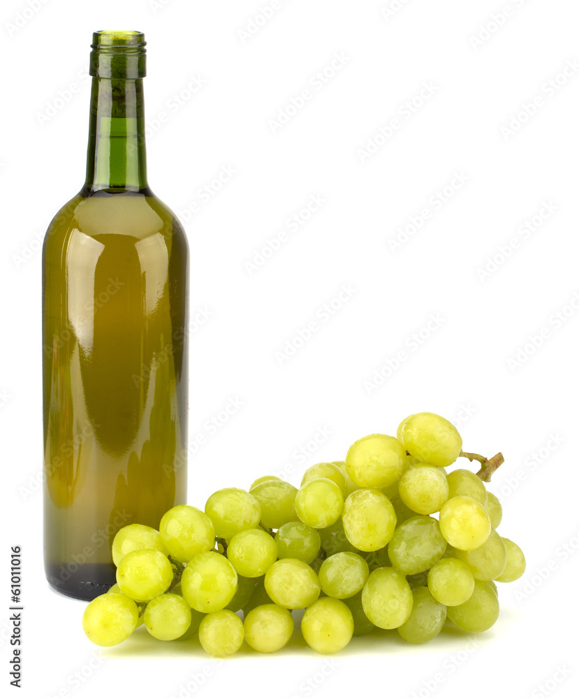Green grape bunch and wine bottle isolated on white background