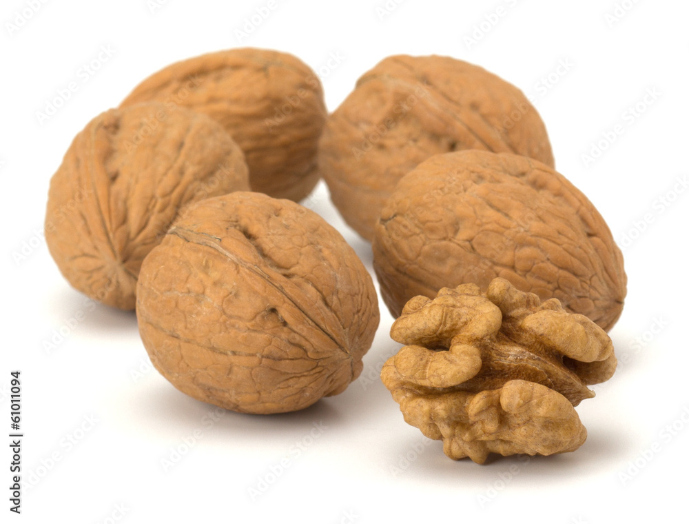 whole and cracked walnut isolated on the white background whole and cracked walnut isolated on the white background