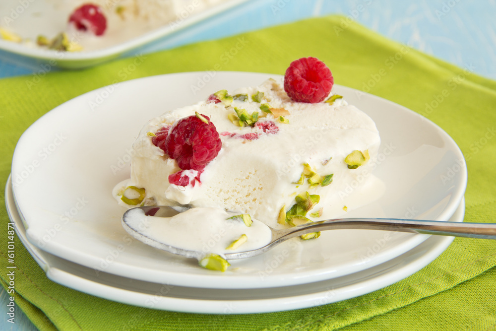 Yoghurt Semifreddo with raspberry and pistachio. Yoghurt Semifreddo with raspberry and pistachio.