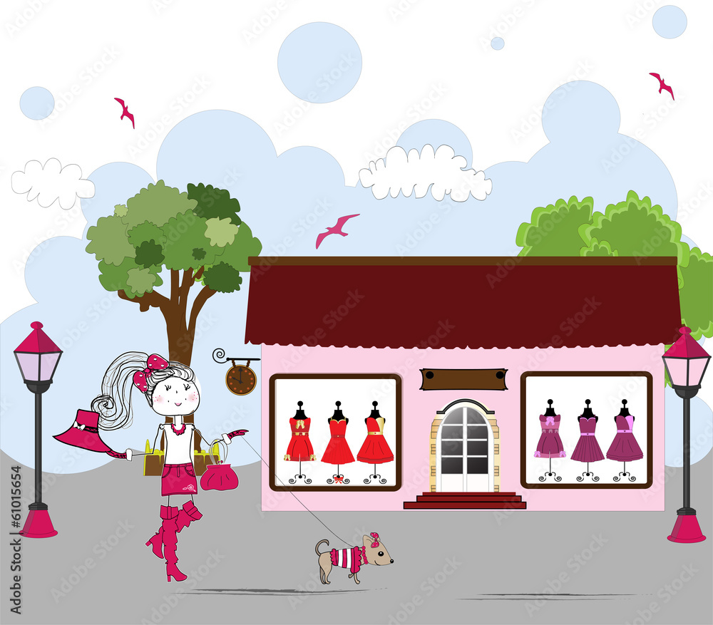 Naklejka premium Cartoon of Woman window shopping with dog