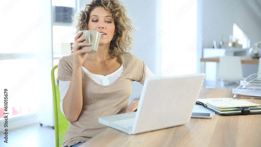 Smiling woman sitting in front of laptop computer Smiling woman sitting in front of laptop computer