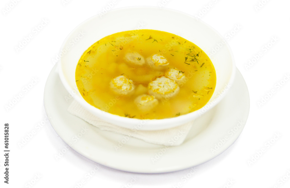 Soup with meatball and broth in plate, restaurant menu for child Soup with meatball and broth in plate, restaurant menu for child