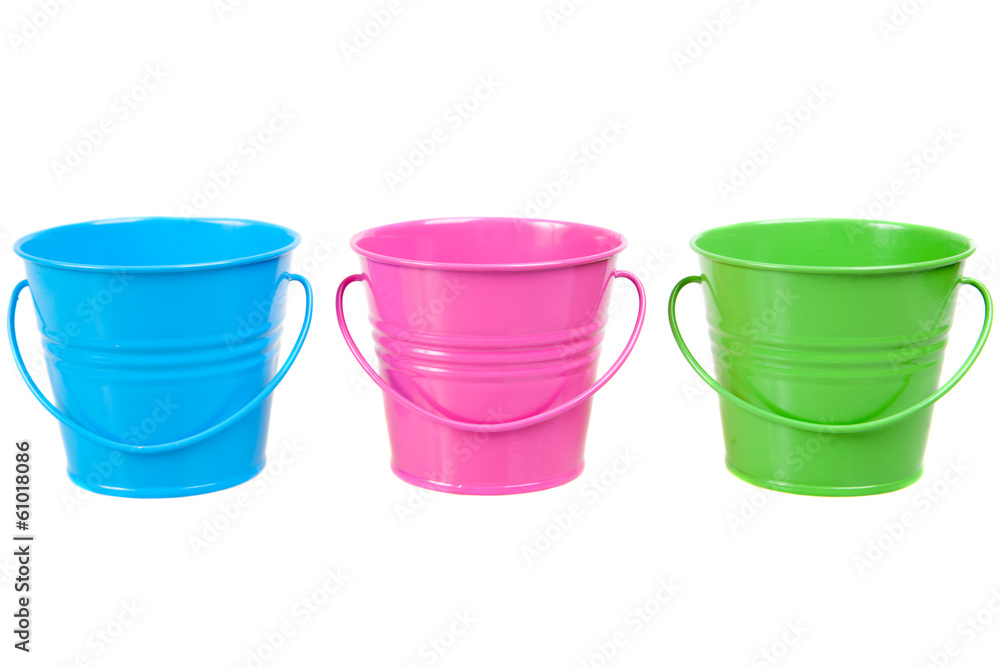 green, blue and pink pails, buckets, isolated green, blue and pink pails, buckets, isolated