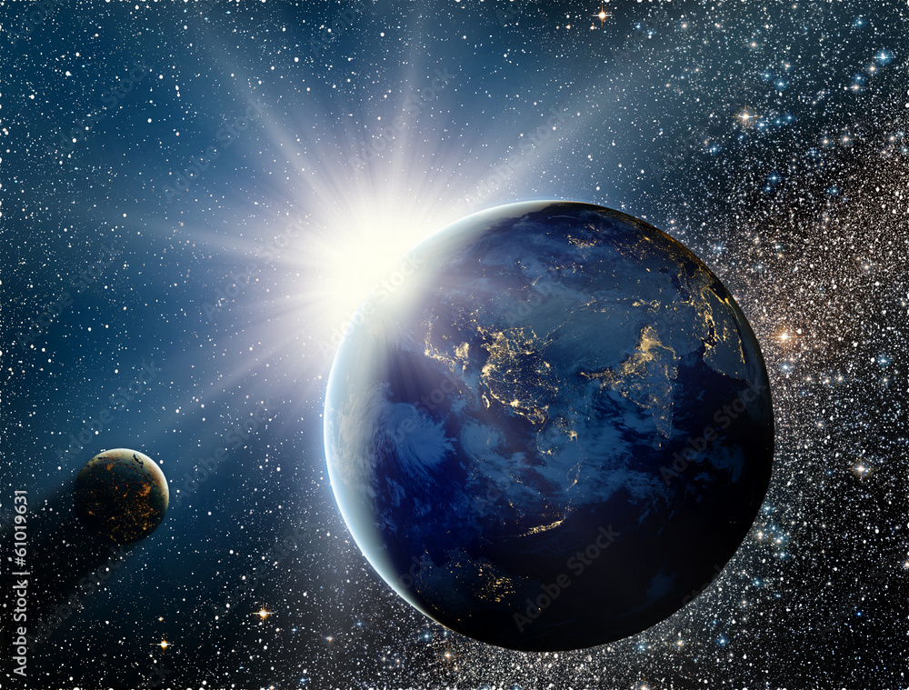 Obraz premium Sunrise over the planet and satellites in space.